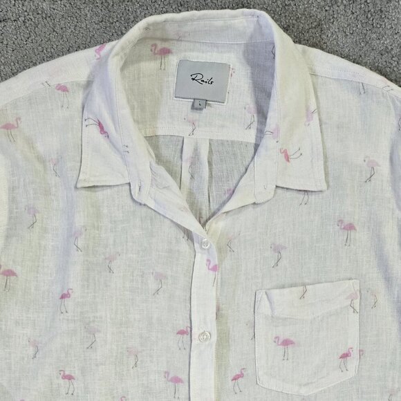 Rails Charli Flamingo Novelty Print Linen Blend White Button-Up Shirt Beachy - Picture 4 of 11